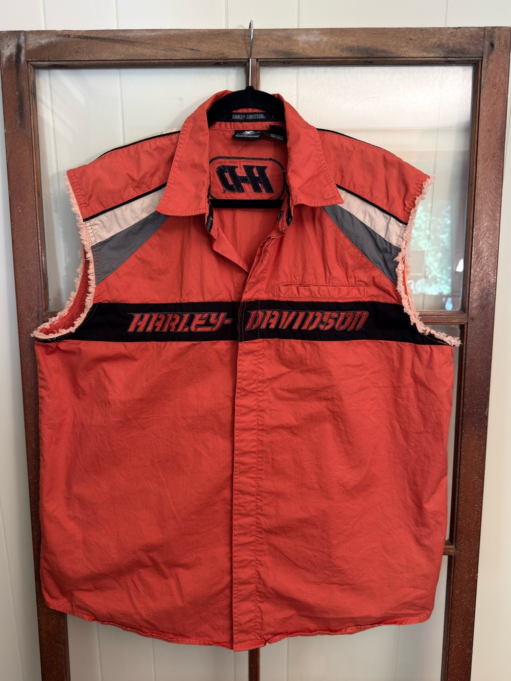 Harley-Davidson Vintage Men’s Orange Biker Sleeveless Logo Vest XL Raw Edge